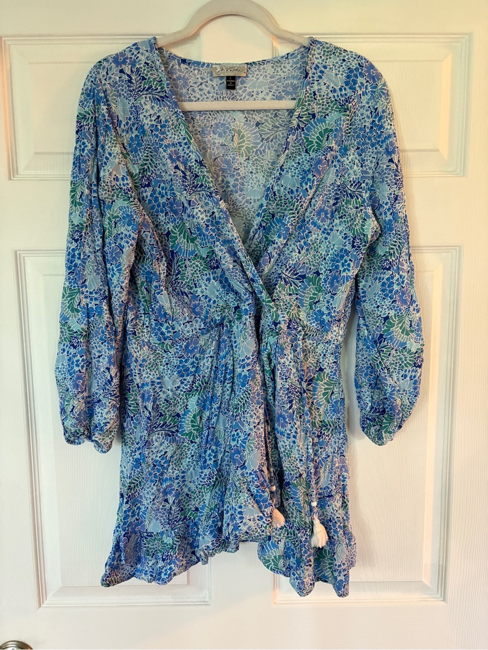 J. Valdi Blue & Free Floral Tropical Wrap Dress with Ruffle Hem